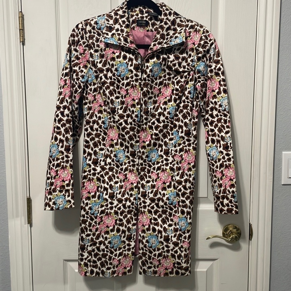 Nicole Miller Trench Coat Jacket Floral Leopard Print Women's Size 6